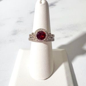 1.31ct Garnet & 0.80ctw White Sapphire Platinum Over 925 Sterling Ring Set
